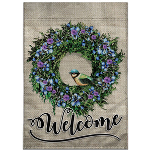 WELCOME WREATH AND BIRD 12X18IN GARDEN FLAG - DOUBLE SIDED