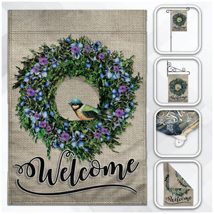 WELCOME WREATH AND BIRD 12X18IN GARDEN FLAG - DOUBLE SIDED