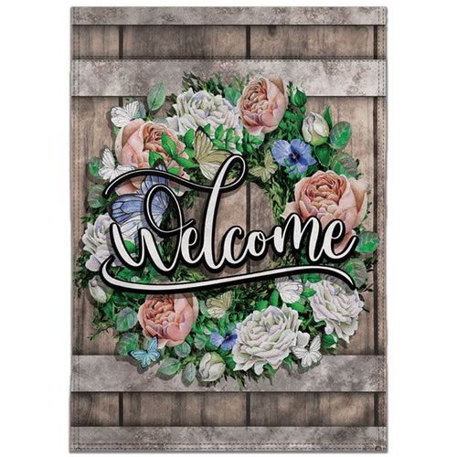 WELCOME (WREATH & ROSES) 12X18IN GARDEN FLAG - DOUBLE SIDED